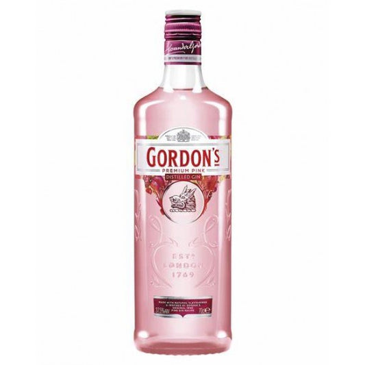 Gordon's Pink Gin 700ml bottle, flavored gin from Paramount with pink hue, displayed on a plain background.