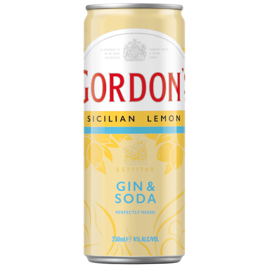 Gordon's Sicilian Lemon Flavored Gin by Paramount, 700mL bottle with lemon illustration on label