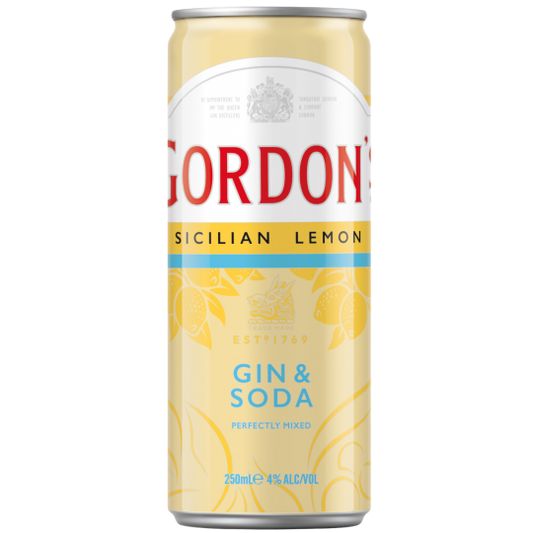 Gordon's Sicilian Lemon Flavored Gin by Paramount, 700mL bottle with lemon illustration on label
