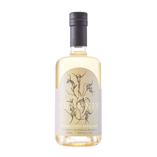 Paramount Lost Phoenix Spirits Barrel Aged Apple Gin 700ml bottle, showcasing the label and rich amber color of this flavored gin.
