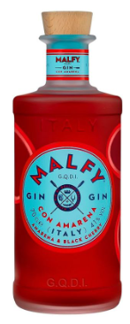 Bottle of Malfy Gin Amarena flavored gin by Paramount, 700ml, with dark cherry flavor and distinctive label on clear glass bottle.
