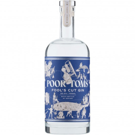 Paramount Poor Toms Fools Cut Flavoured Gin 700ml bottle with distinctive label and clear glass showcasing the vibrant gin inside.