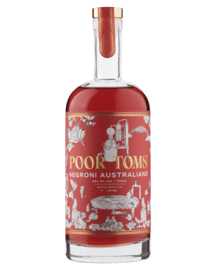 Paramount Poor Toms Negroni Australiano flavored gin bottle, 700mL, with distinctive label and dark liquid inside