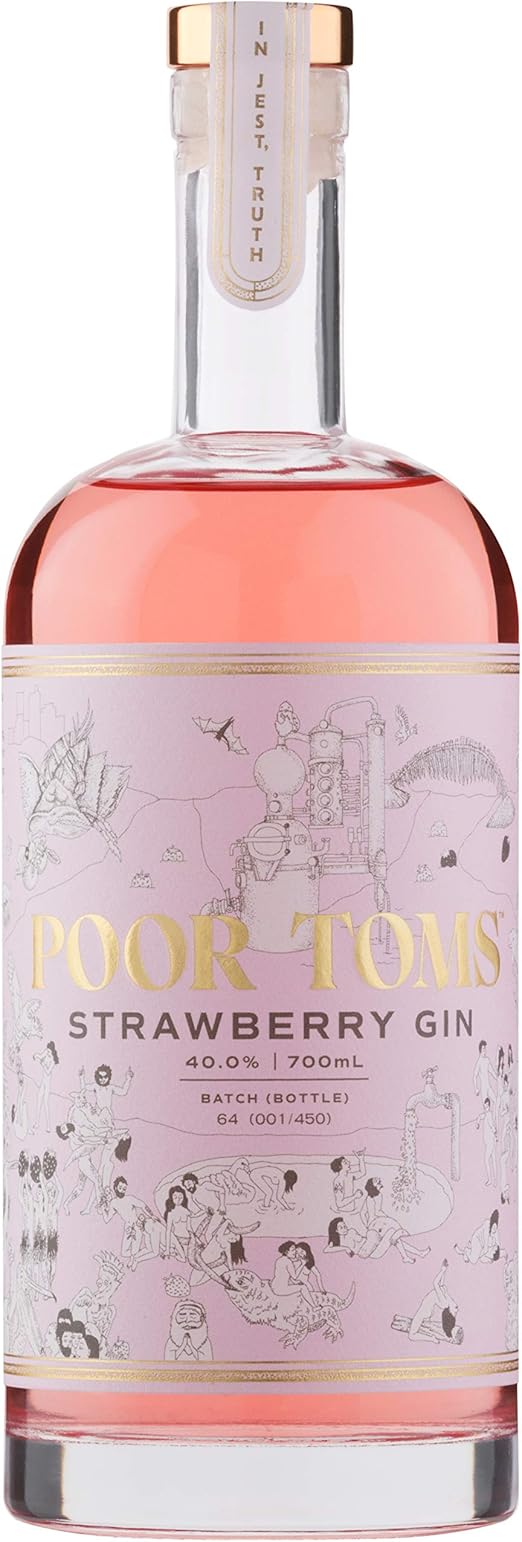 Paramount Poor Toms Strawberry Gin 700ml bottle, flavored gin with vibrant strawberry flavor and clear glass bottle.