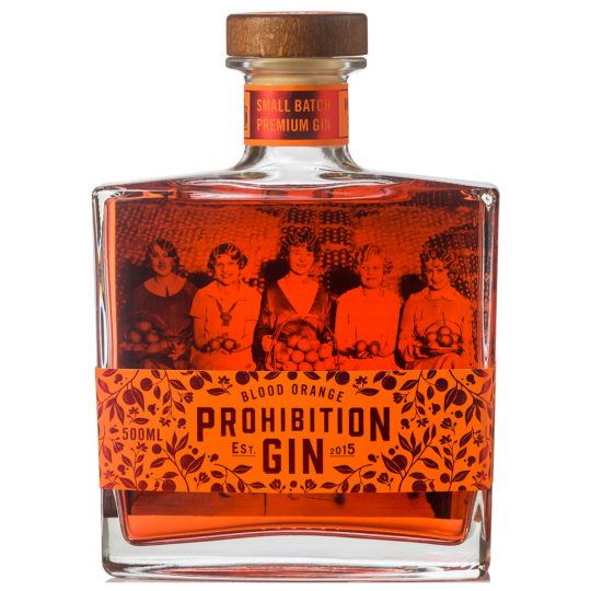 Paramount Prohibition Limited Release Blood Orange Gin in 500ml bottle, showcasing vibrant orange-flavored gin with a sleek label.