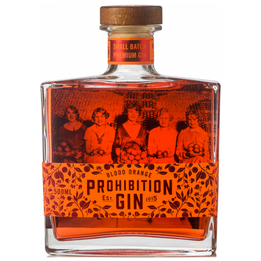 Paramount Prohibition Limited Release Blood Orange Gin in 500ml bottle, showcasing vibrant orange-flavored gin with a sleek label.