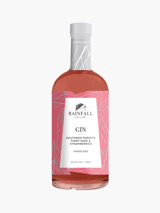 Paramount Rainfall Pinot Noir and Strawberries flavoured gin in a 700ml bottle, showcasing the vibrant label and rich bottle design.
