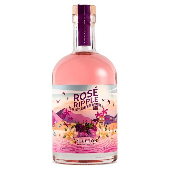 Reefton Distilling Flavour Gallery Rose Ripple Gin in 700ml bottle, featuring pink rose infusion and smooth flavored gin by Paramount.