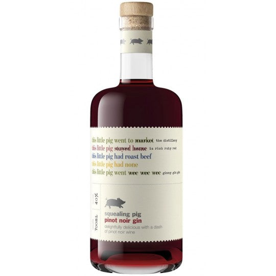 Paramount Squealing Pig Pinot Noir Flavoured Gin 700mL bottle with pink and purple label and pig illustration.