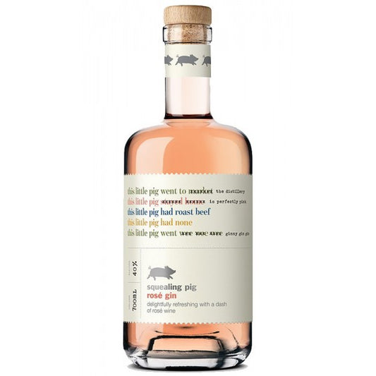 Paramount Squealing Pig Rose Gin 700mL bottle with pink hue and floral label, showcasing flavored gin with rose notes.