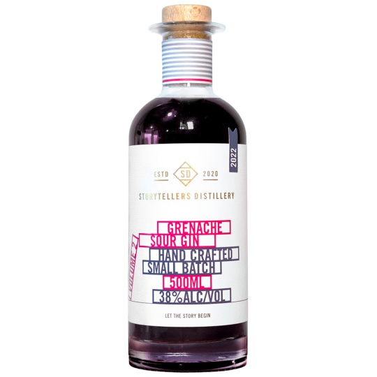 Paramount Storytellers Distillery Volume 2 Grenache Sour Gin, a flavored gin bottle with a clear label and distinctive packaging.