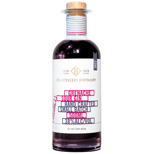 Paramount Storytellers Distillery Volume 2 Grenache Sour Gin, a flavored gin bottle with a clear label and distinctive packaging.