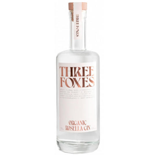 Three Foxes Organic Rosella Flavored Gin by Paramount in a 700mL bottle with vibrant red liquid and elegant label.