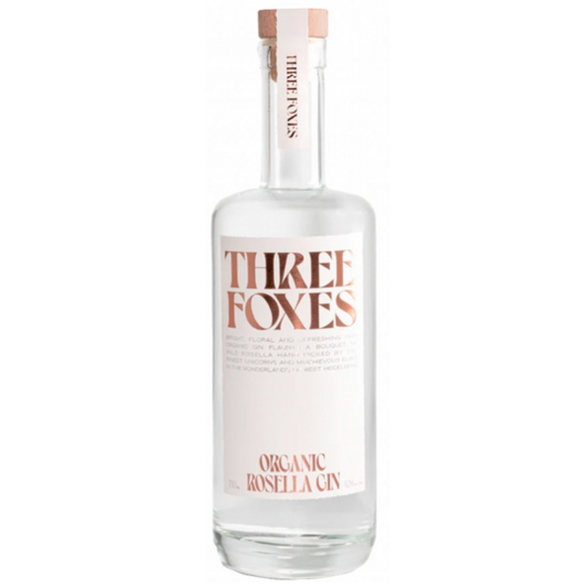 Three Foxes Organic Rosella Flavored Gin by Paramount in a 700mL bottle with vibrant red liquid and elegant label.