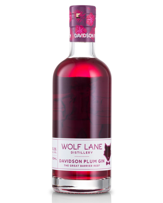 Paramount Wolf Lane Distillery Davidson Plum Gin 500mL bottle with a dark label and elegant design, showcasing flavored gin packaging.