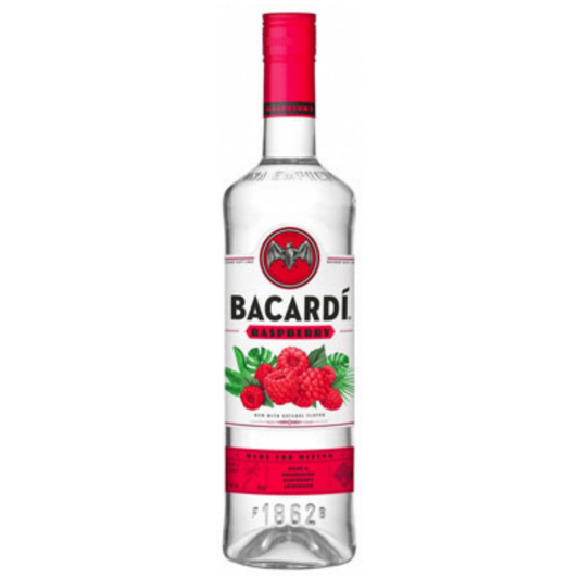 Bottle of Paramount Bacardi Raspberry Flavoured Rum 700ml with red raspberry label and clear glass bottle.