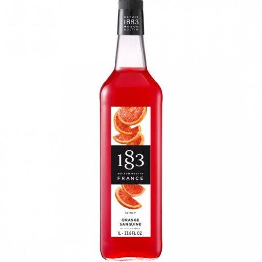 Paramount 1883 Blood Orange Flavoured Syrup in 1L bottle, vibrant orange color and smooth liquid texture for beverages and desserts.