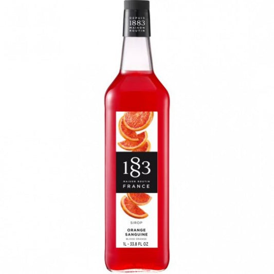 Paramount 1883 Blood Orange Flavoured Syrup in 1L bottle, vibrant orange color and smooth liquid texture for beverages and desserts.