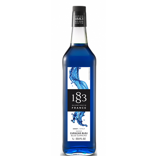 Paramount 1883 Blue Curacao flavored syrup in 1-liter bottle, vibrant blue color, ideal for cocktails and beverages
