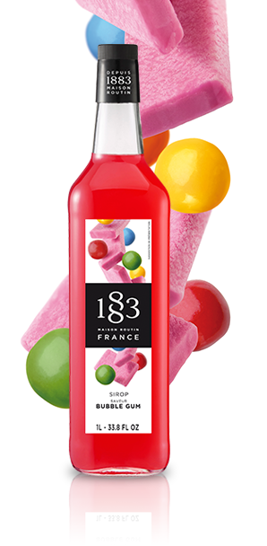Paramount 1883 Bubble Gum Flavored Syrup 1L bottle with pink liquid, ideal for beverages and desserts.