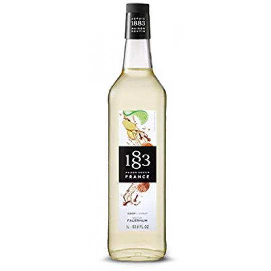 Paramount 1883 Falernum Syrup 1L bottle, flavored syrup for cocktails and beverages, with a clear label and dark liquid inside
