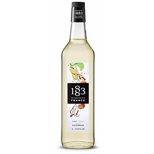 Paramount 1883 Falernum Syrup 1L bottle, flavored syrup for cocktails and beverages, with a clear label and dark liquid inside
