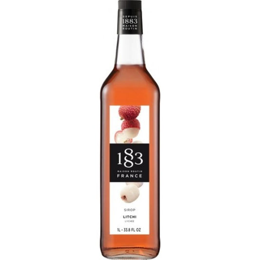 Paramount 1883 Lychee Flavored Syrup 1L bottle with vibrant label and clear liquid inside.
