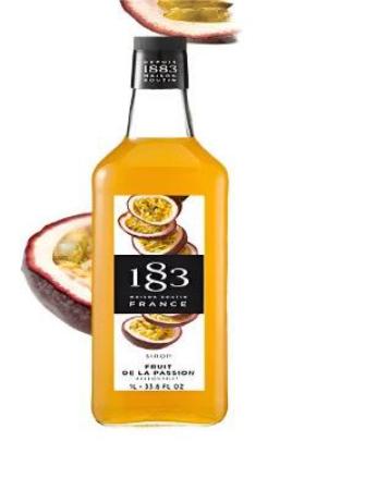 Paramount 1883 Passion Fruit Flavored Syrup 1L bottle with vibrant passion fruit imagery.