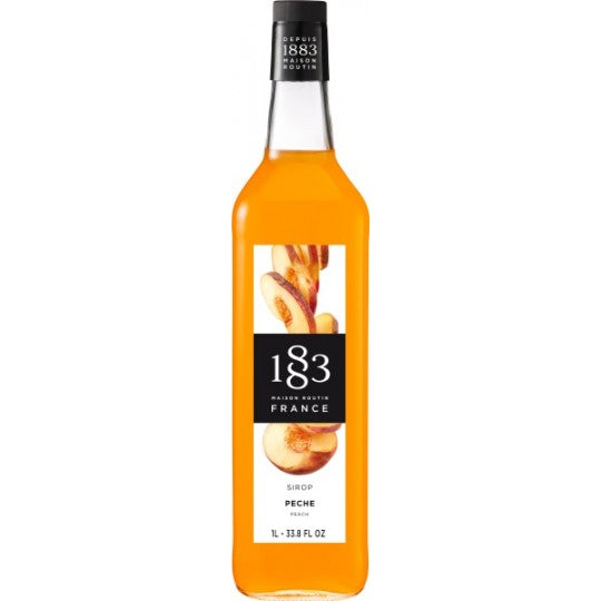 Paramount 1883 Peach Flavored Syrup bottle, 1L, with peach fruit imagery and vibrant label design.