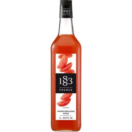Paramount 1883 Pink Grapefruit Flavored Syrup in a 1-liter bottle, vibrant pink liquid with a citrusy appearance.