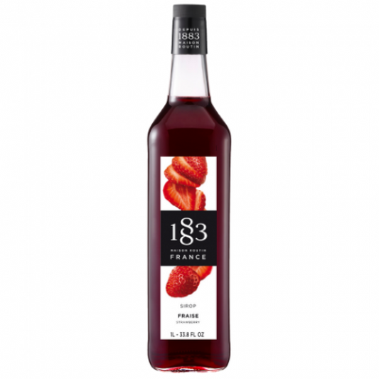Paramount 1883 Strawberry Syrup 1L bottle with vibrant red syrup and label, ideal for flavoring desserts and drinks.