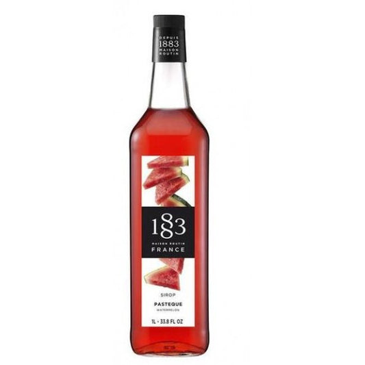 Paramount 1883 Watermelon Flavored Syrup bottle, 1 liter, with vibrant watermelon design and clear label.