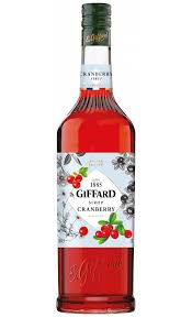 Giffard Cranberry Syrup by Paramount, 1 liter flavored syrup bottle with cranberry fruit images on label.