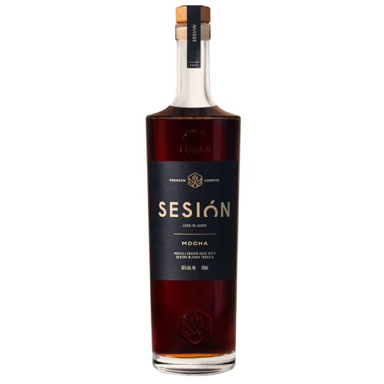 Sesión Tequila Mocha flavored tequila bottle by Paramount, 750ml with chocolate and coffee flavor, in a clear glass bottle.