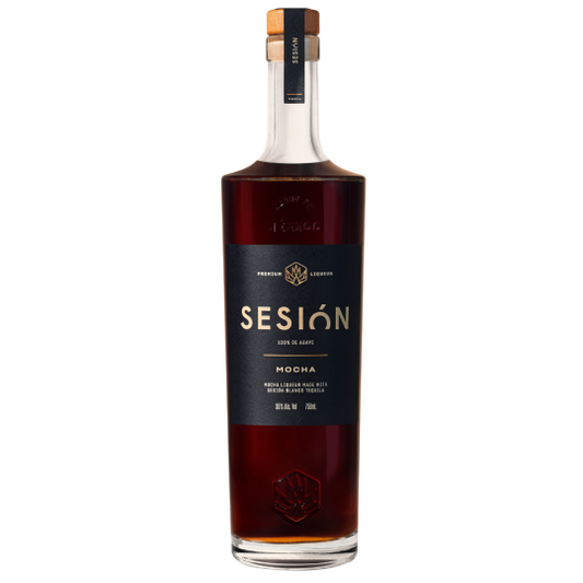 Sesión Tequila Mocha flavored tequila bottle by Paramount, 750ml with chocolate and coffee flavor, in a clear glass bottle.