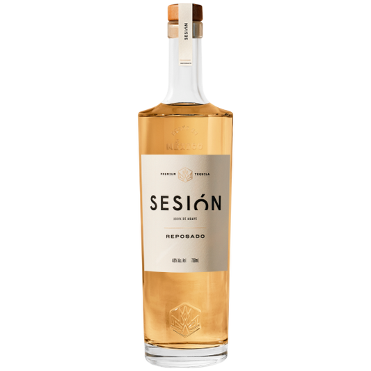 Sesion Tequila Reposado flavored tequila in a 750mL bottle by Paramount, showcasing the amber-colored liquor in a clear glass bottle.