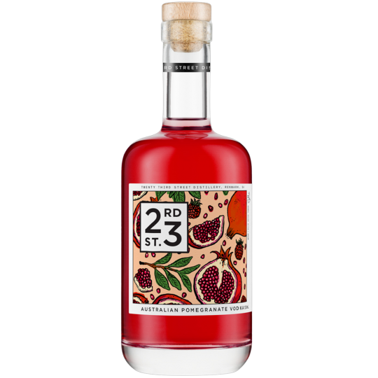 Paramount 23rd Street Distillery Pomegranate Flavored Vodka 700ml bottle with vibrant label and clear glass showcasing the product.