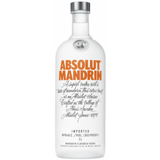Paramount Absolut Mandrin flavored vodka 1L bottle with vibrant orange label and clear glass showing the citrus-infused spirit.