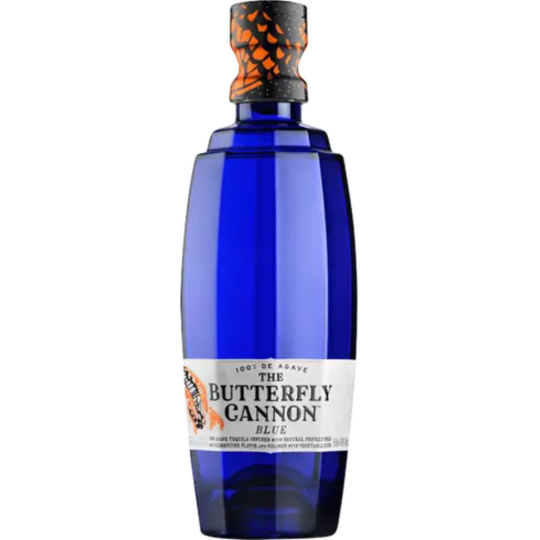 Paramount Butterfly Cannon Blue Tequila 750ml flavored whiskey bottle with vibrant blue label and butterfly design.