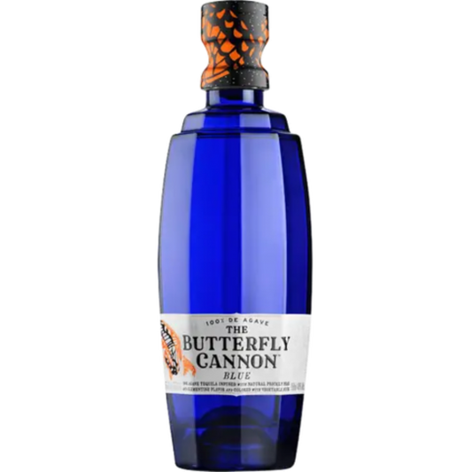 Paramount Butterfly Cannon Blue Tequila 750ml flavored whiskey bottle with vibrant blue label and butterfly design.