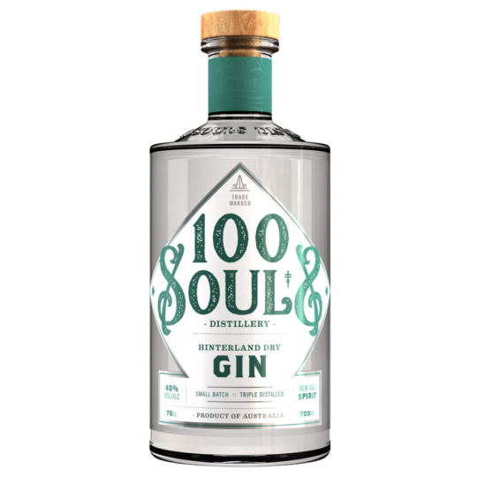 Bottle of 100 Souls Hinterland Gin by Paramount, 700ml with clear label and elegant design, showcasing premium gin packaging.
