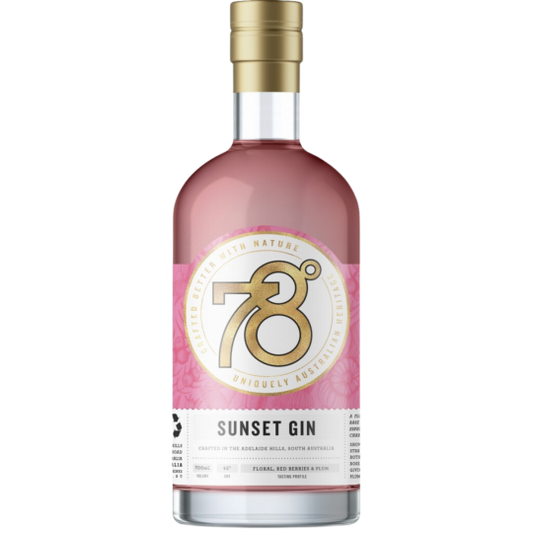 Paramount 78 Degrees Sunset Gin 700ml bottle with a vibrant sunset-themed label, showcasing premium gin packaging and branding.