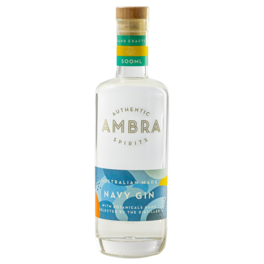 Paramount Ambra Navy Gin 500ml bottle with navy blue label and clear glass, showcasing the premium gin inside.