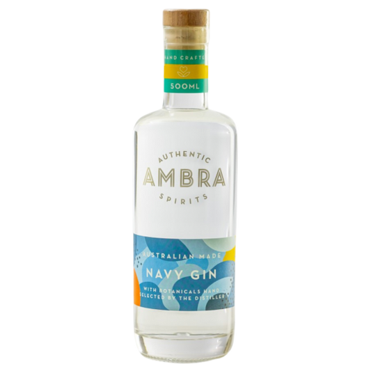 Paramount Ambra Navy Gin 500ml bottle with navy blue label and clear glass, showcasing the premium gin inside.