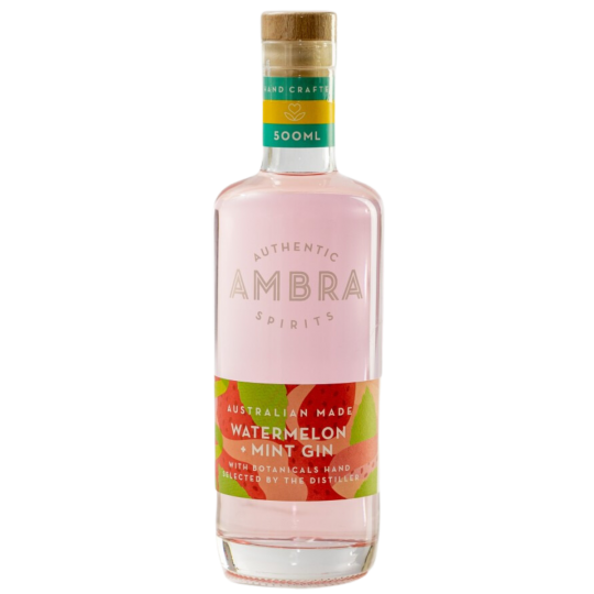 Bottle of Paramount Ambra Watermelon Mint Gin 500ml with a label showcasing watermelon and mint flavors.
