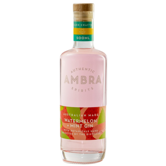 Bottle of Paramount Ambra Watermelon Mint Gin 500ml with a label showcasing watermelon and mint flavors.