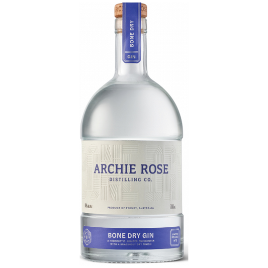 Bottle of Archie Rose Bone Dry Gin by Paramount, 700ml, with clear label and dark glass bottle.