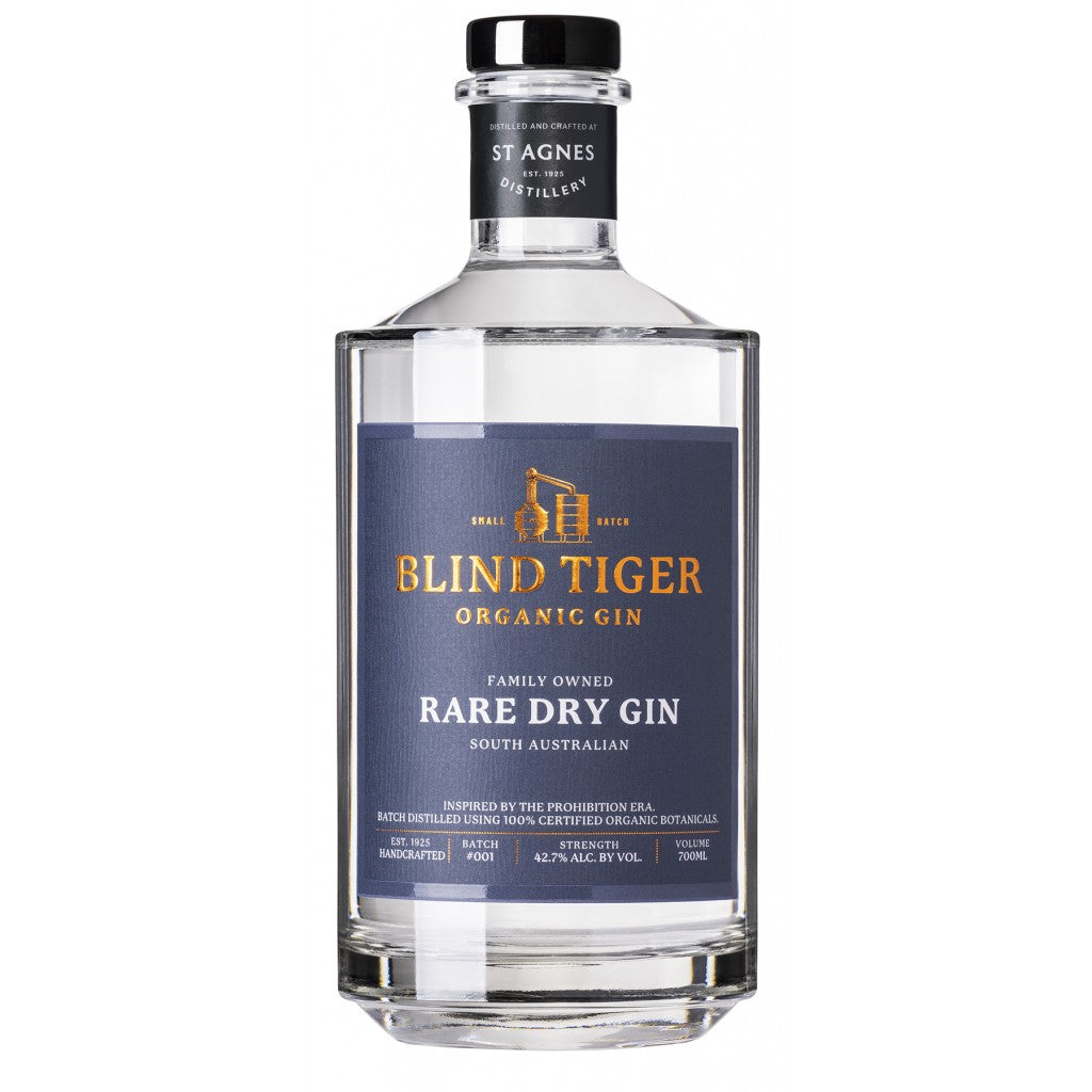 Bottle of Blind Tiger Rare Dry Gin by Paramount, 700ml, with distinctive label and clear glass showcasing the premium gin inside.