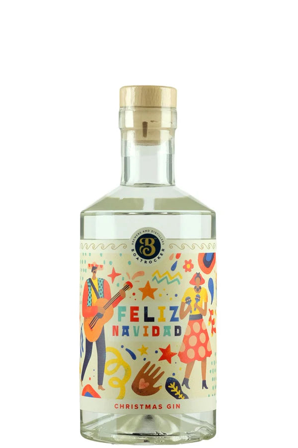 Bottle of Paramount Boatrocker Feliz Navidad Christmas Gin, 500ml, showcasing festive packaging and gin label.