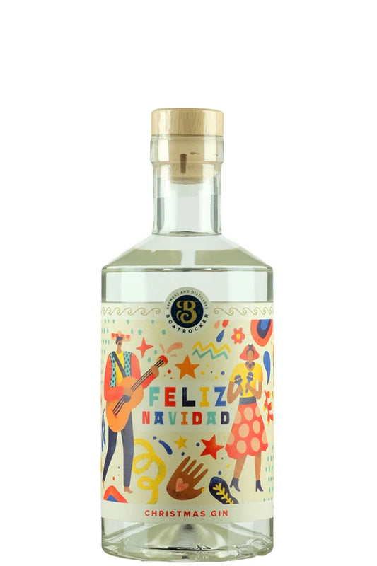Bottle of Paramount Boatrocker Feliz Navidad Christmas Gin, 500ml, showcasing festive packaging and gin label.
